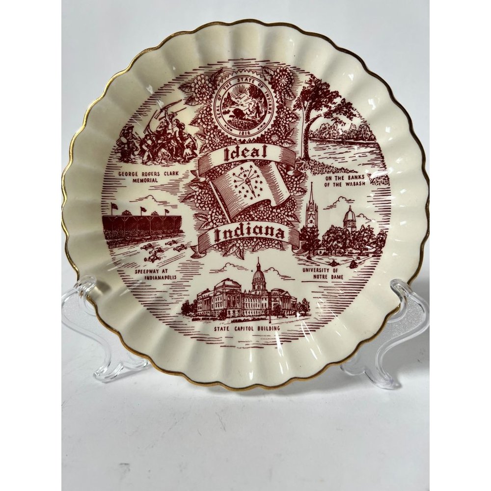 Ideal Indiana Vintage State Plate Souvenir  7" White, Red   Ceramic